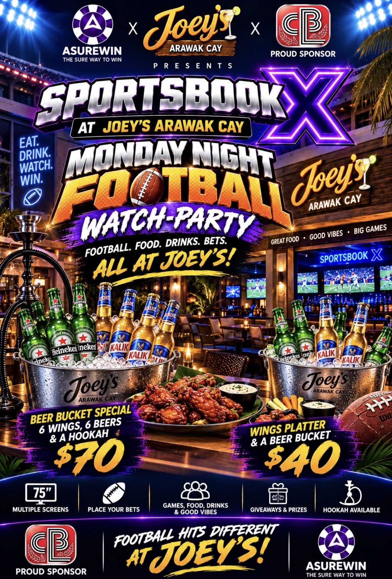 Sportsbook X Monday Night Football Watch-Party at Joey's: beer bucket special $70, wings platter and beer bucket $40